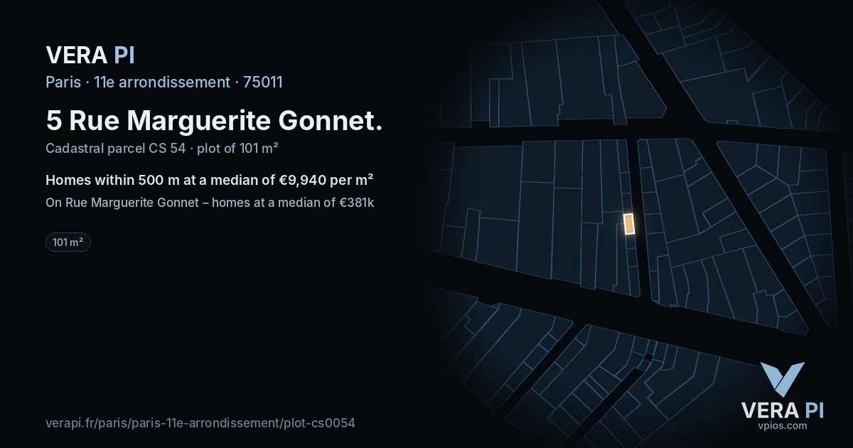 5 Rue Marguerite Gonnet, 11e arrondissement at night – the plot lit, the parcels around coloured by the prices near them