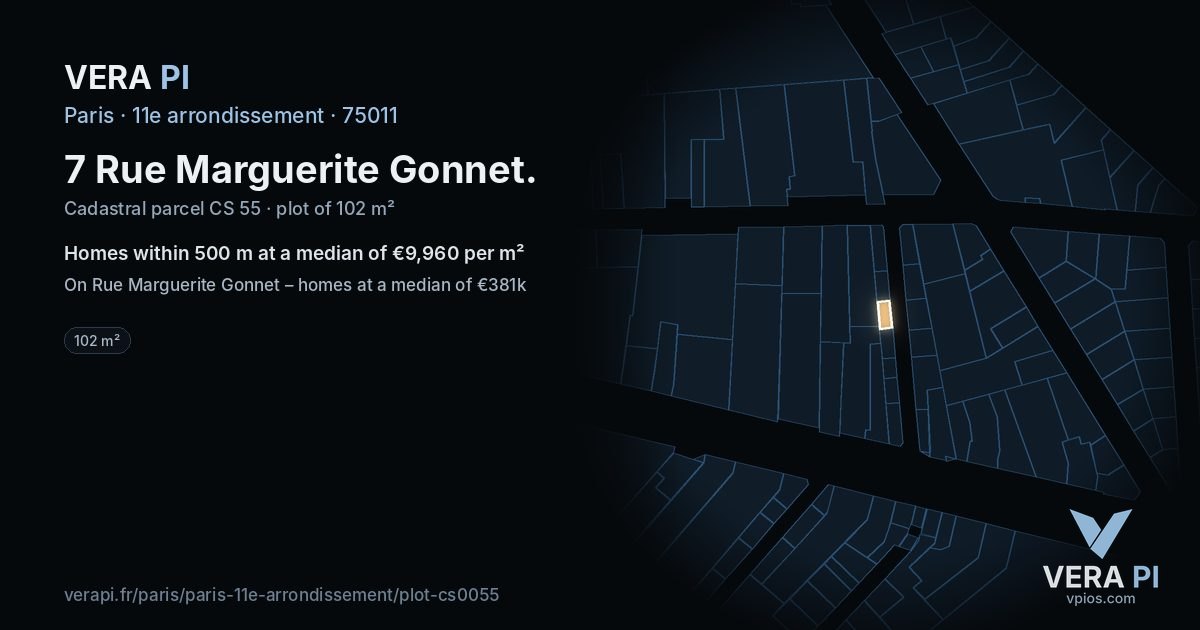 7 Rue Marguerite Gonnet, 11e arrondissement at night – the plot lit, the parcels around coloured by the prices near them