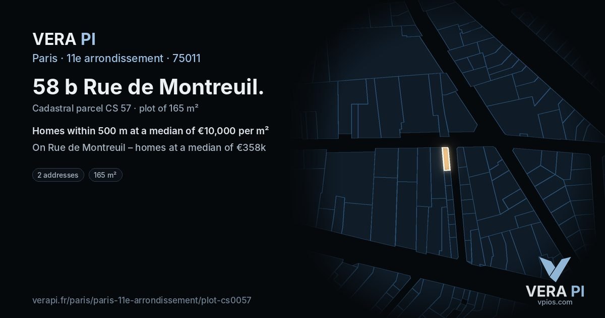 58 b Rue de Montreuil, 11e arrondissement at night – the plot lit, the parcels around coloured by the prices near them