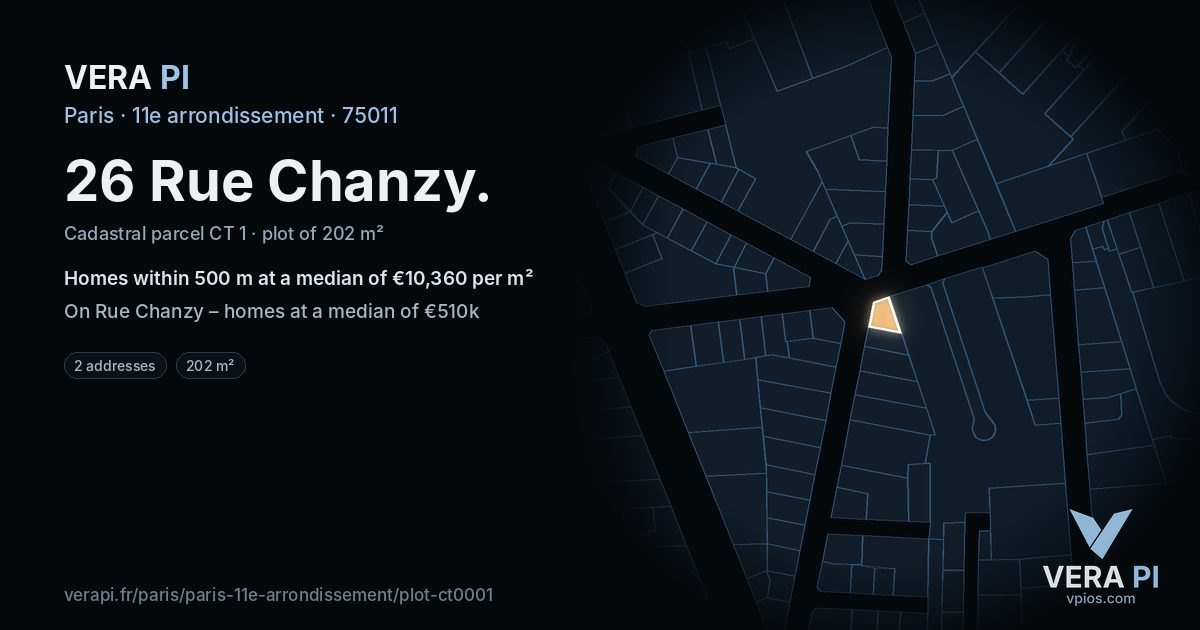 26 Rue Chanzy, 11e arrondissement at night – the plot lit, the parcels around coloured by the prices near them