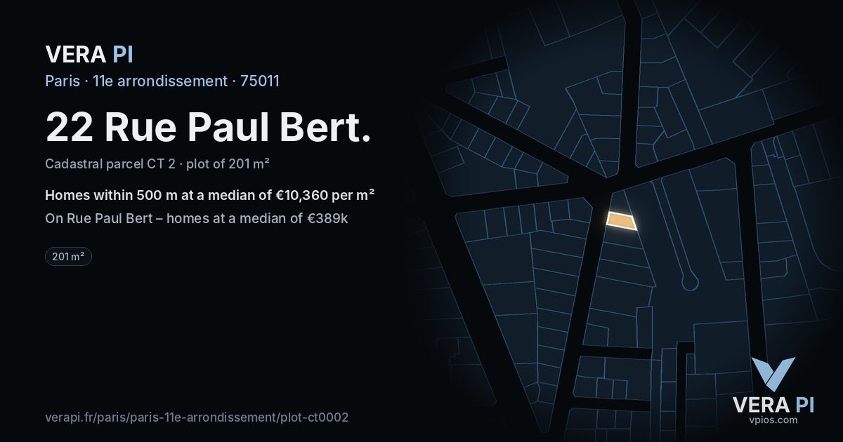 22 Rue Paul Bert, 11e arrondissement at night – the plot lit, the parcels around coloured by the prices near them