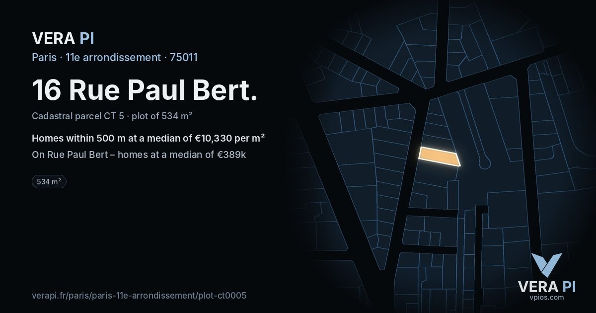 16 Rue Paul Bert, 11e arrondissement at night – the plot lit, the parcels around coloured by the prices near them