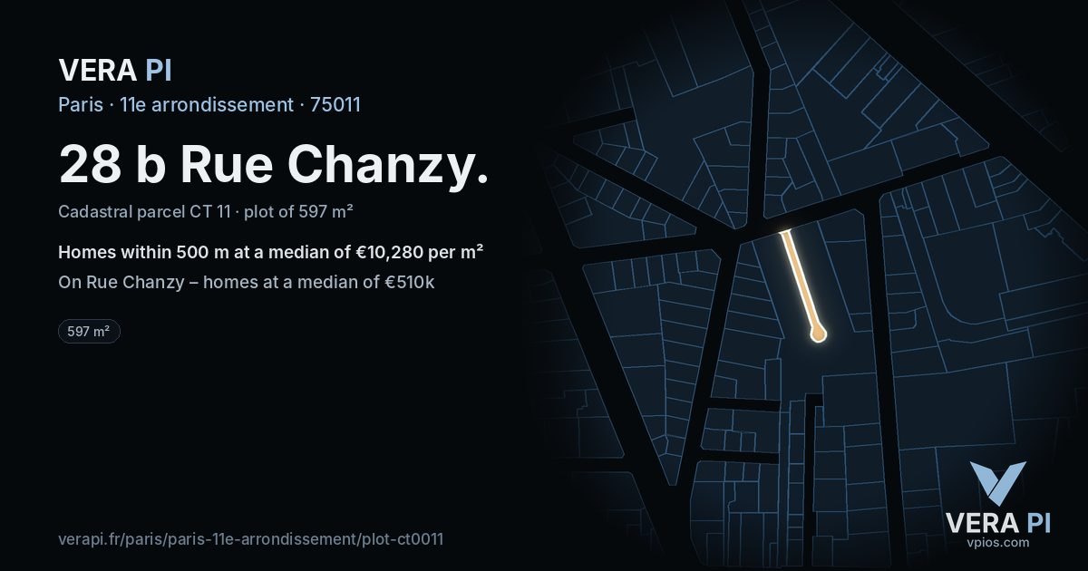28 b Rue Chanzy, 11e arrondissement at night – the plot lit, the parcels around coloured by the prices near them
