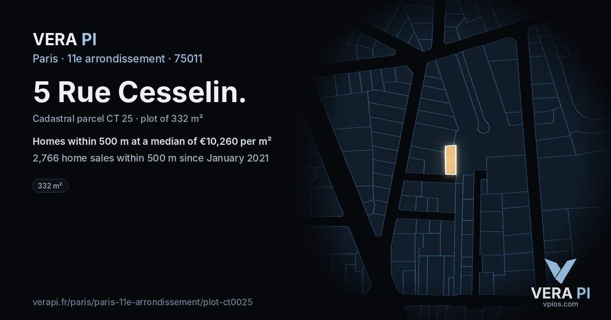 5 Rue Cesselin, 11e arrondissement at night – the plot lit, the parcels around coloured by the prices near them