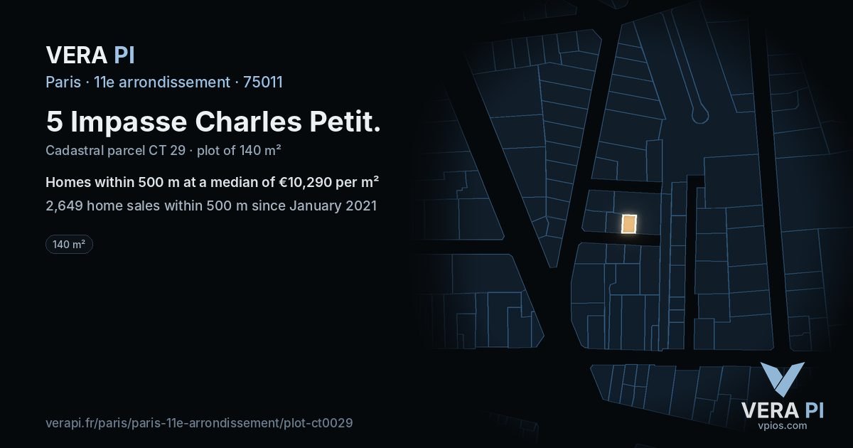 5 Impasse Charles Petit, 11e arrondissement at night – the plot lit, the parcels around coloured by the prices near them