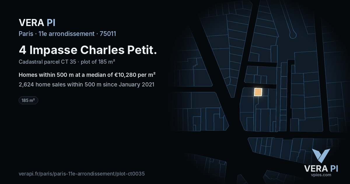 4 Impasse Charles Petit, 11e arrondissement at night – the plot lit, the parcels around coloured by the prices near them