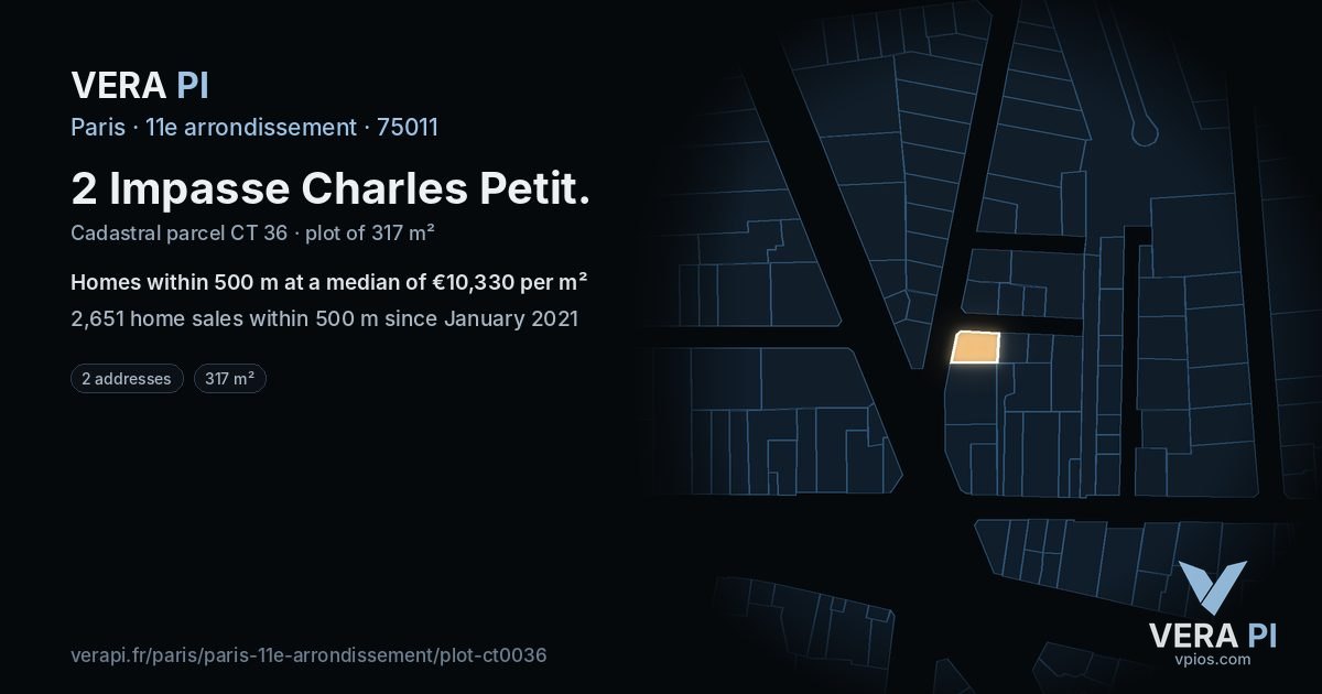 2 Impasse Charles Petit, 11e arrondissement at night – the plot lit, the parcels around coloured by the prices near them
