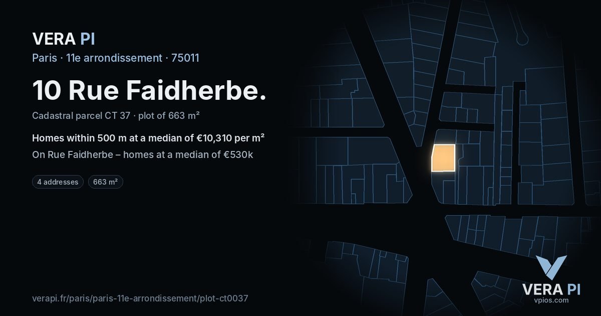 10 Rue Faidherbe, 11e arrondissement at night – the plot lit, the parcels around coloured by the prices near them