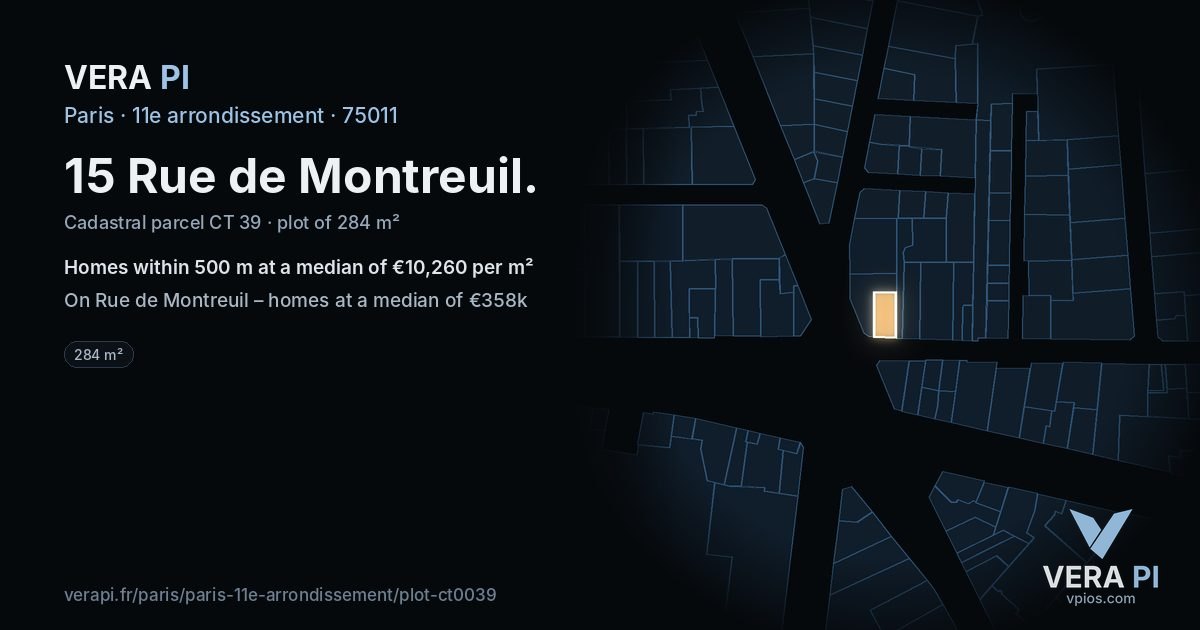 15 Rue de Montreuil, 11e arrondissement at night – the plot lit, the parcels around coloured by the prices near them