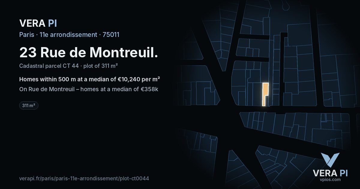 23 Rue de Montreuil, 11e arrondissement at night – the plot lit, the parcels around coloured by the prices near them