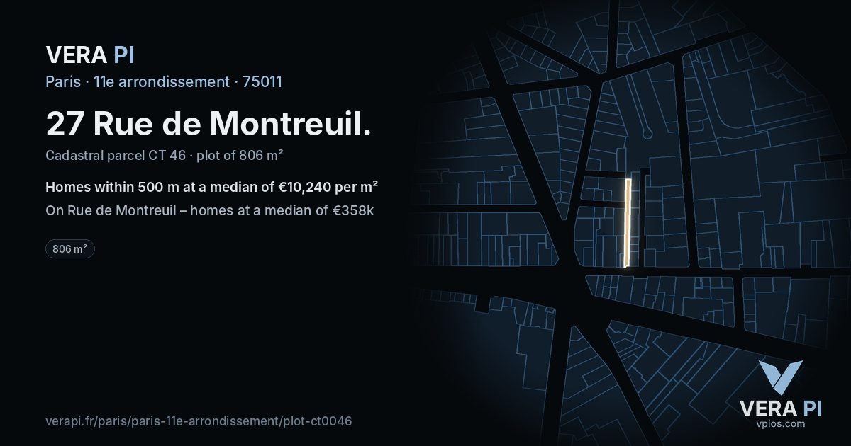 27 Rue de Montreuil, 11e arrondissement at night – the plot lit, the parcels around coloured by the prices near them