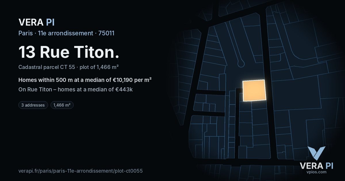 13 Rue Titon, 11e arrondissement at night – the plot lit, the parcels around coloured by the prices near them