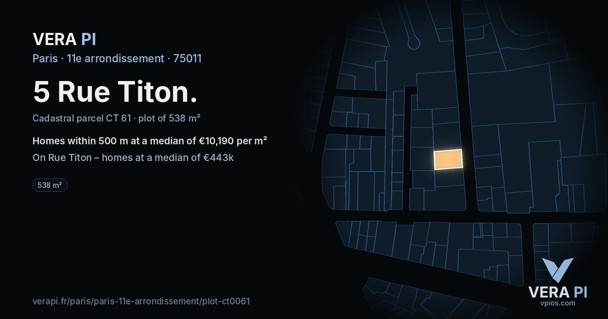 5 Rue Titon, 11e arrondissement at night – the plot lit, the parcels around coloured by the prices near them