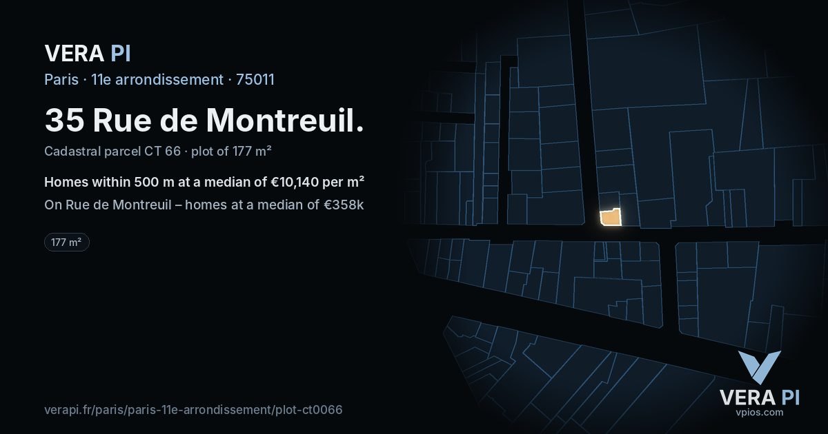 35 Rue de Montreuil, 11e arrondissement at night – the plot lit, the parcels around coloured by the prices near them