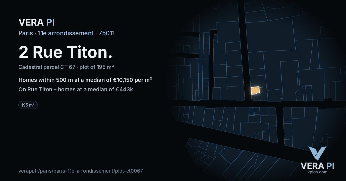 2 Rue Titon, 11e arrondissement at night – the plot lit, the parcels around coloured by the prices near them