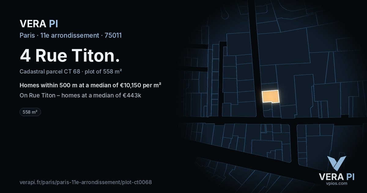 4 Rue Titon, 11e arrondissement at night – the plot lit, the parcels around coloured by the prices near them