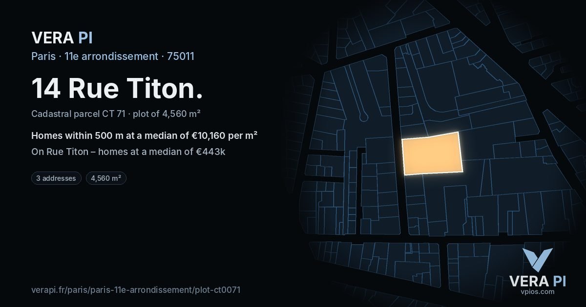 14 Rue Titon, 11e arrondissement at night – the plot lit, the parcels around coloured by the prices near them