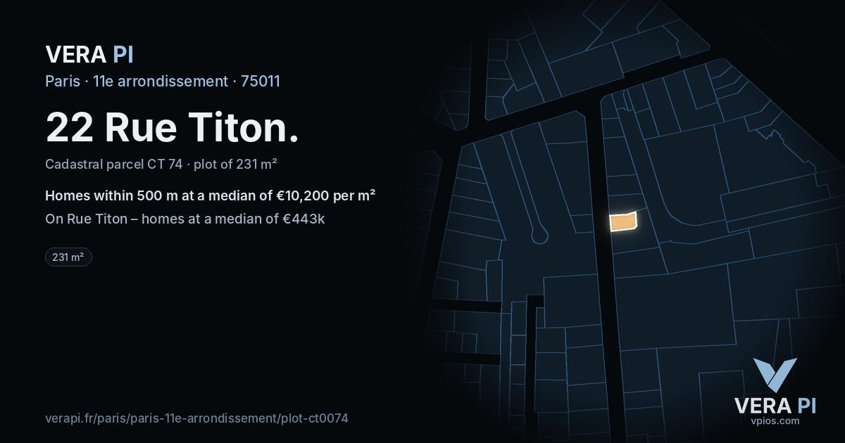 22 Rue Titon, 11e arrondissement at night – the plot lit, the parcels around coloured by the prices near them