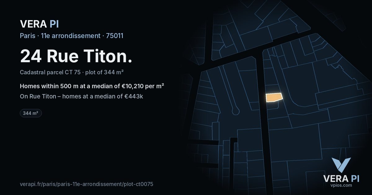 24 Rue Titon, 11e arrondissement at night – the plot lit, the parcels around coloured by the prices near them