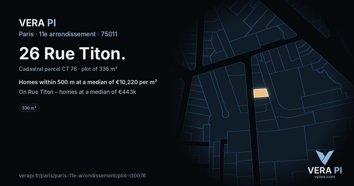 26 Rue Titon, 11e arrondissement at night – the plot lit, the parcels around coloured by the prices near them