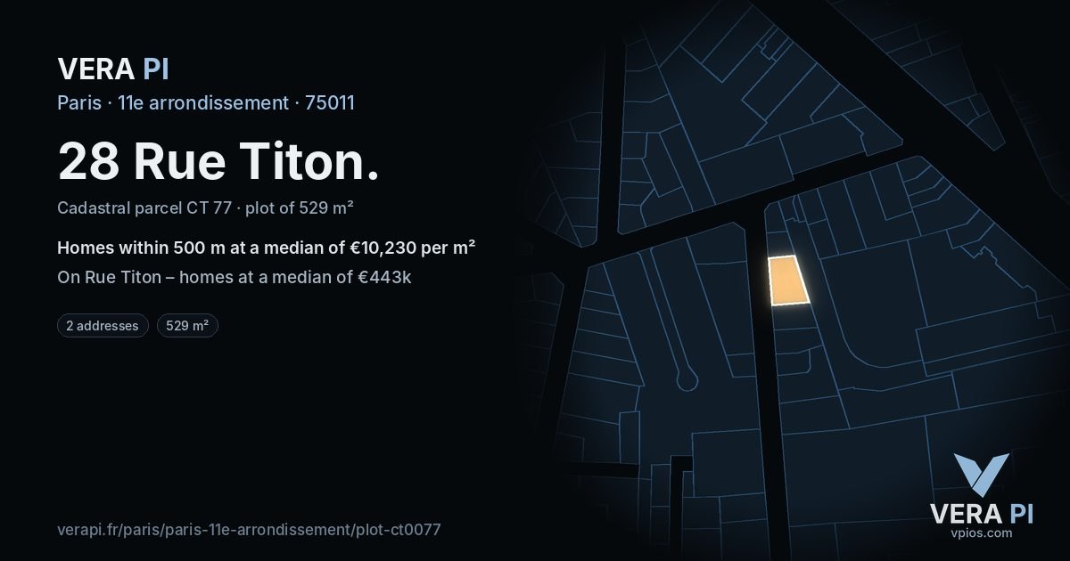28 Rue Titon, 11e arrondissement at night – the plot lit, the parcels around coloured by the prices near them