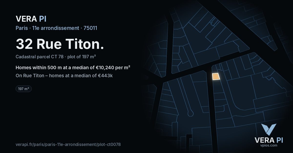 32 Rue Titon, 11e arrondissement at night – the plot lit, the parcels around coloured by the prices near them
