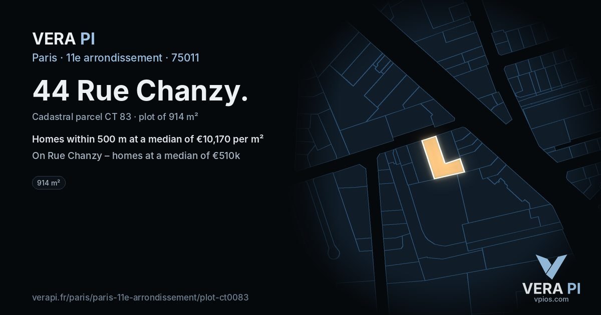 44 Rue Chanzy, 11e arrondissement at night – the plot lit, the parcels around coloured by the prices near them