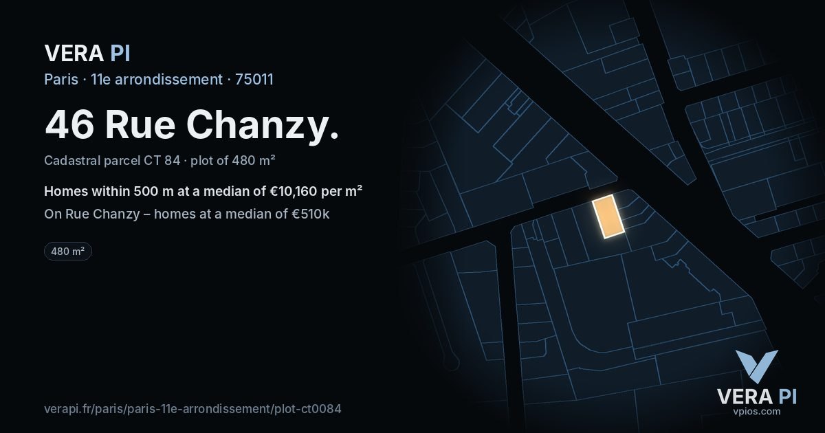 46 Rue Chanzy, 11e arrondissement at night – the plot lit, the parcels around coloured by the prices near them