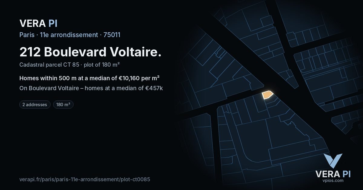 212 Boulevard Voltaire, 11e arrondissement at night – the plot lit, the parcels around coloured by the prices near them