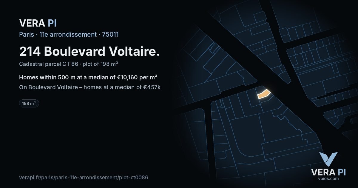 214 Boulevard Voltaire, 11e arrondissement at night – the plot lit, the parcels around coloured by the prices near them