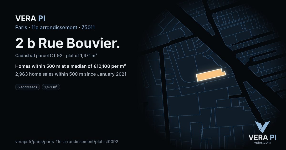 2 b Rue Bouvier, 11e arrondissement at night – the plot lit, the parcels around coloured by the prices near them