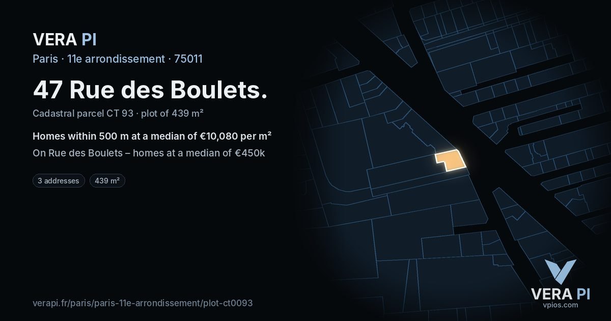 47 Rue des Boulets, 11e arrondissement at night – the plot lit, the parcels around coloured by the prices near them