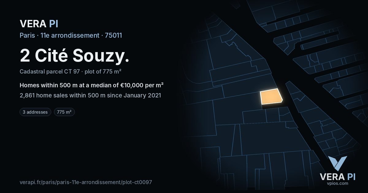 2 Cité Souzy, 11e arrondissement at night – the plot lit, the parcels around coloured by the prices near them