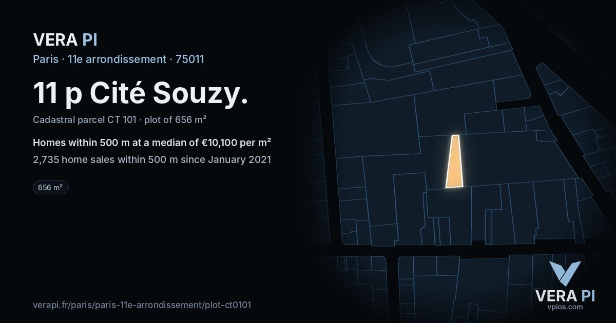 11 p Cité Souzy, 11e arrondissement at night – the plot lit, the parcels around coloured by the prices near them