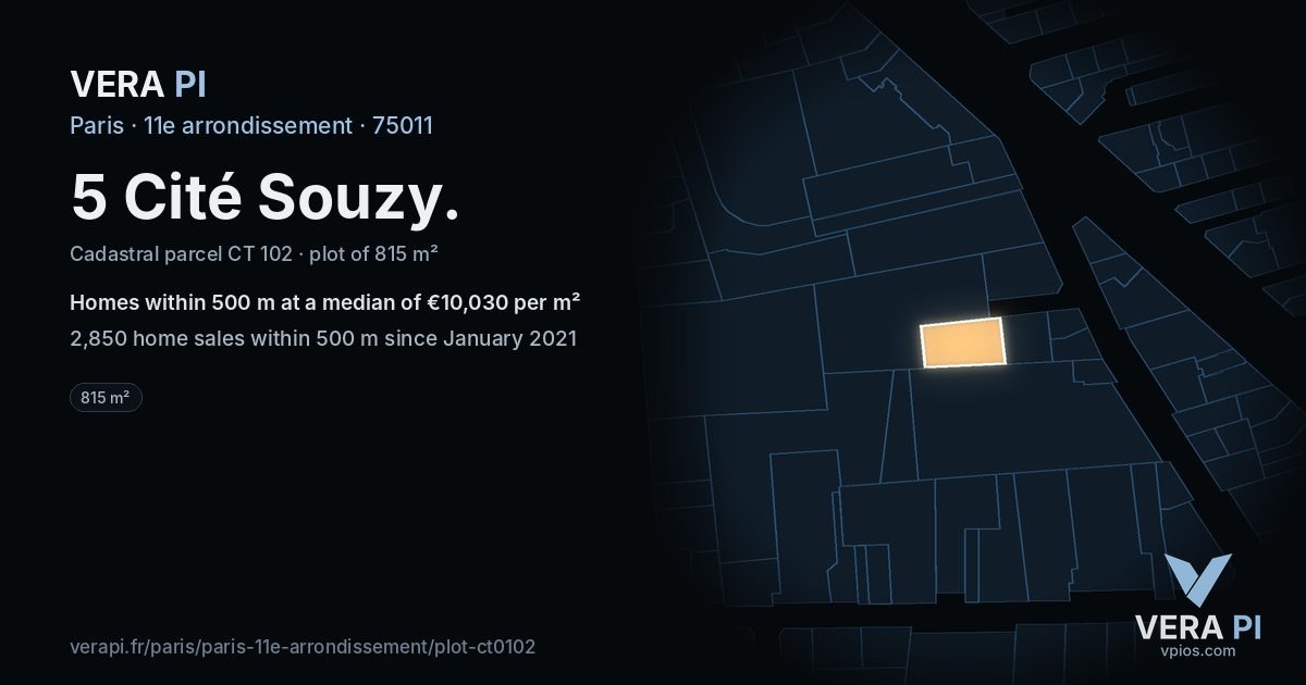 5 Cité Souzy, 11e arrondissement at night – the plot lit, the parcels around coloured by the prices near them