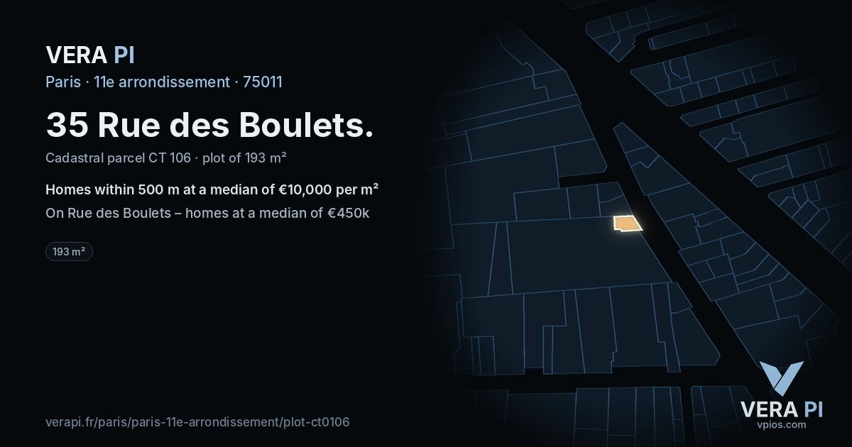 35 Rue des Boulets, 11e arrondissement at night – the plot lit, the parcels around coloured by the prices near them