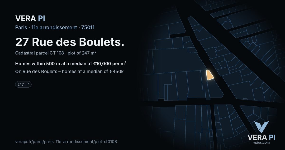 27 Rue des Boulets, 11e arrondissement at night – the plot lit, the parcels around coloured by the prices near them