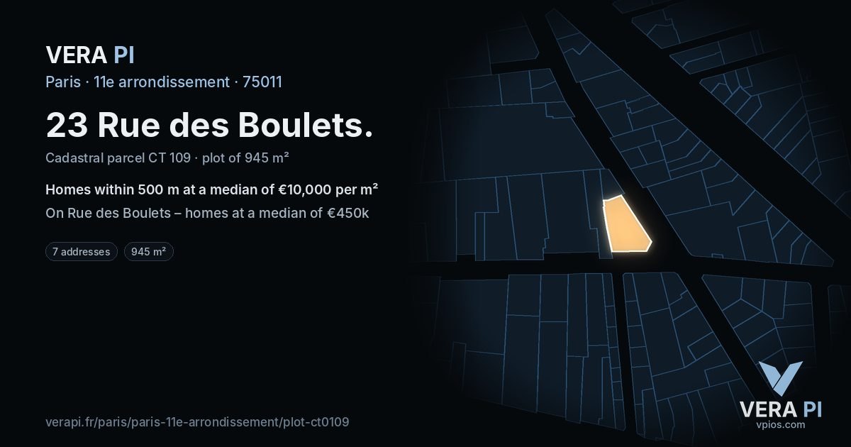 23 Rue des Boulets, 11e arrondissement at night – the plot lit, the parcels around coloured by the prices near them