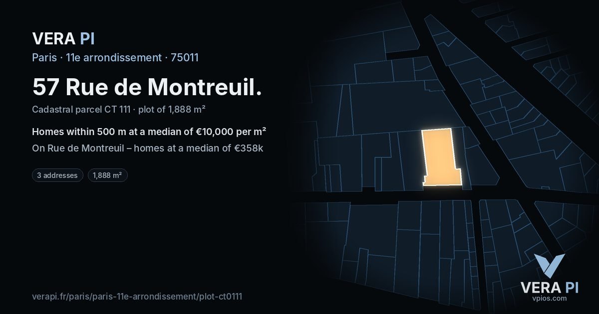 57 Rue de Montreuil, 11e arrondissement at night – the plot lit, the parcels around coloured by the prices near them