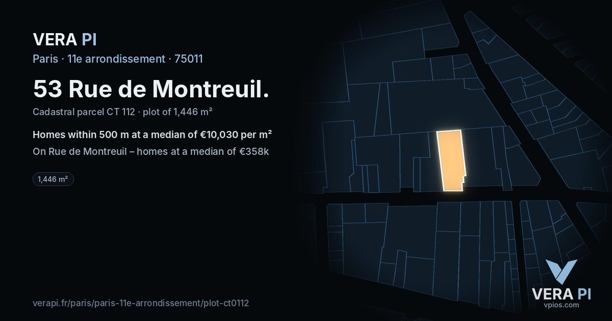 53 Rue de Montreuil, 11e arrondissement at night – the plot lit, the parcels around coloured by the prices near them