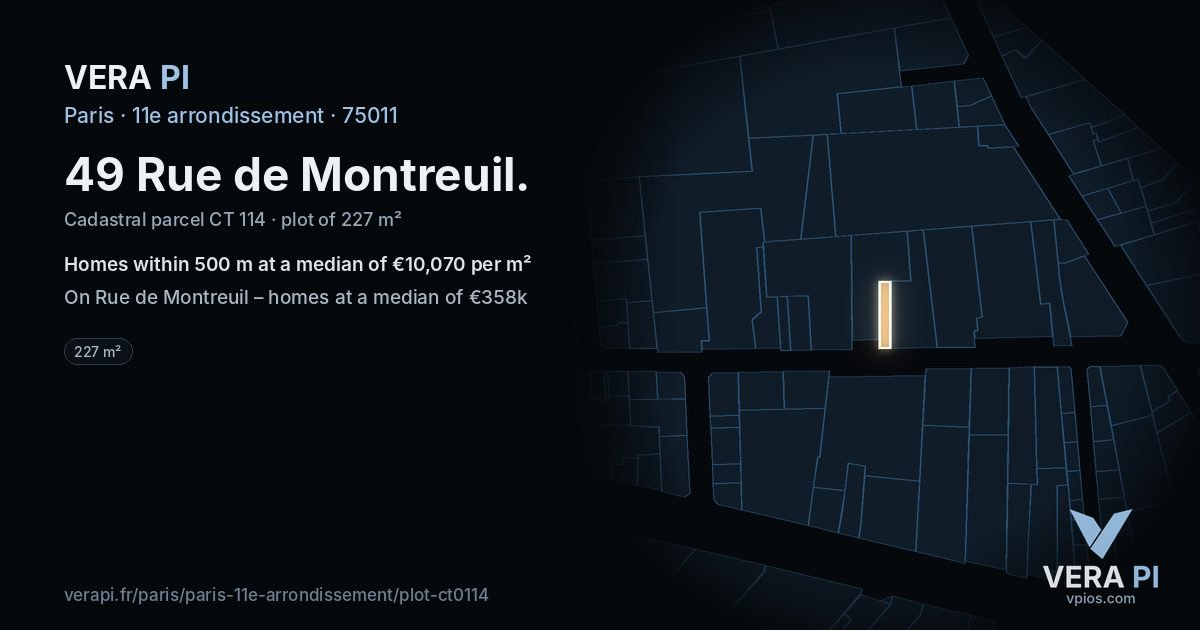 49 Rue de Montreuil, 11e arrondissement at night – the plot lit, the parcels around coloured by the prices near them