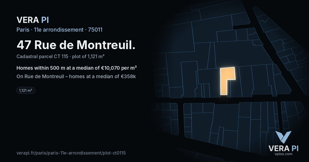 47 Rue de Montreuil, 11e arrondissement at night – the plot lit, the parcels around coloured by the prices near them