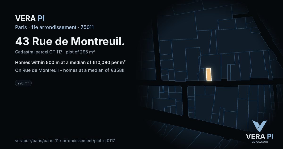 43 Rue de Montreuil, 11e arrondissement at night – the plot lit, the parcels around coloured by the prices near them