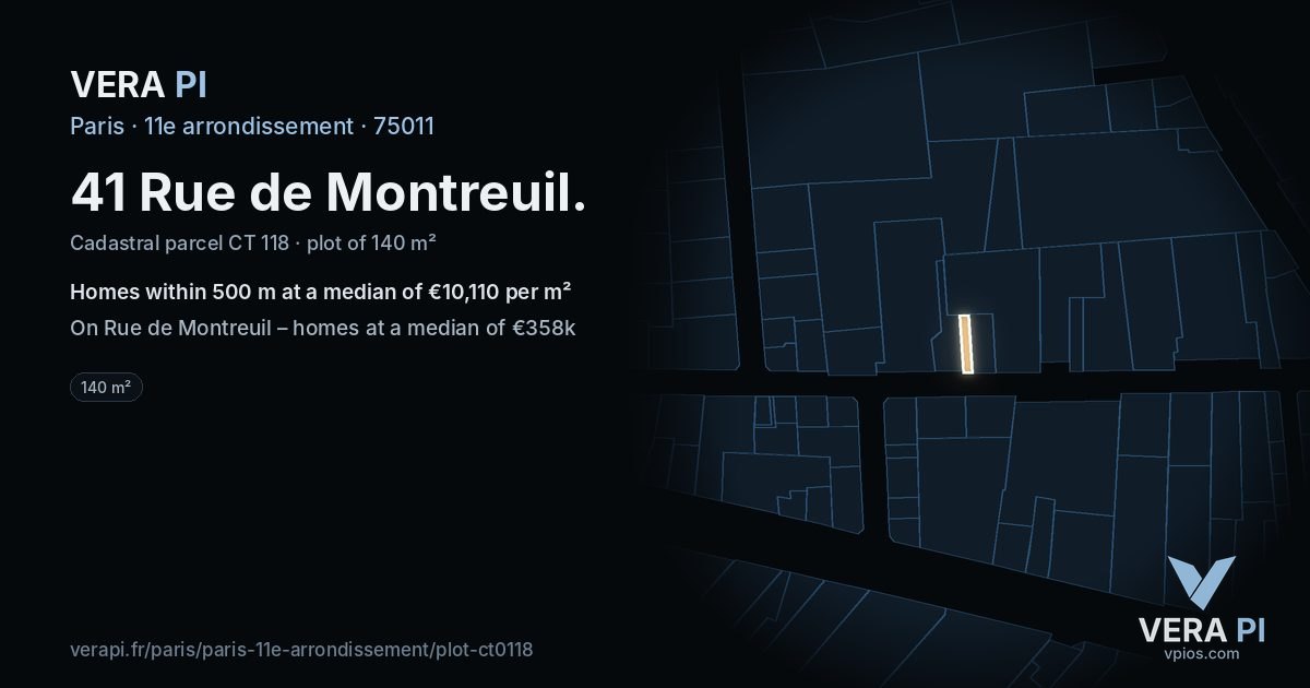 41 Rue de Montreuil, 11e arrondissement at night – the plot lit, the parcels around coloured by the prices near them