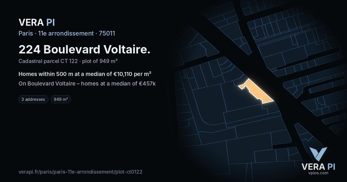224 Boulevard Voltaire, 11e arrondissement at night – the plot lit, the parcels around coloured by the prices near them