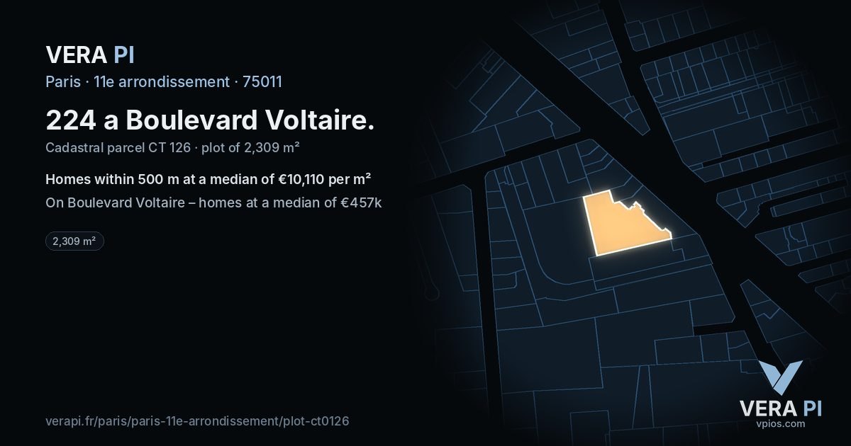 224 a Boulevard Voltaire, 11e arrondissement at night – the plot lit, the parcels around coloured by the prices near them