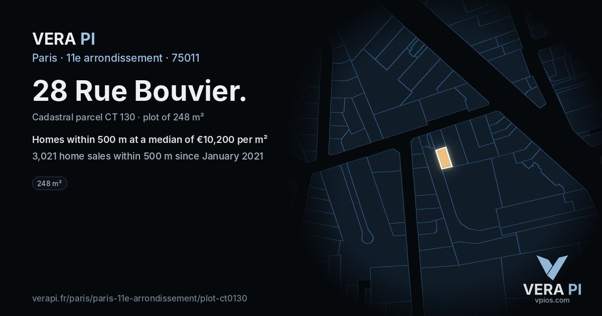 28 Rue Bouvier, 11e arrondissement at night – the plot lit, the parcels around coloured by the prices near them