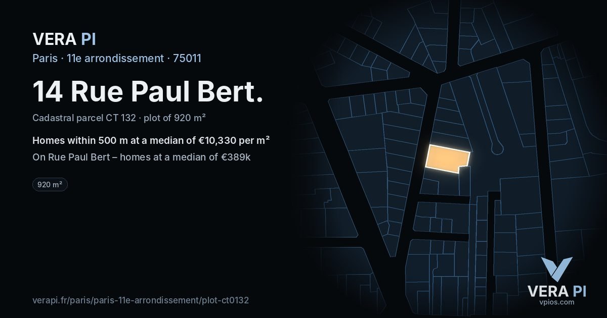 14 Rue Paul Bert, 11e arrondissement at night – the plot lit, the parcels around coloured by the prices near them