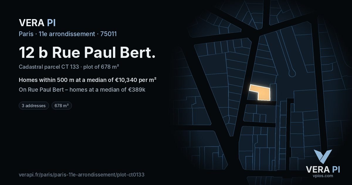 12 b Rue Paul Bert, 11e arrondissement at night – the plot lit, the parcels around coloured by the prices near them