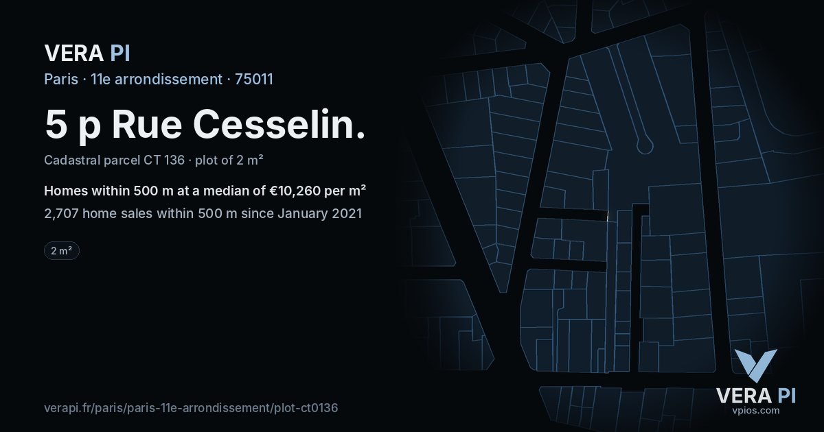 5 p Rue Cesselin, 11e arrondissement at night – the plot lit, the parcels around coloured by the prices near them